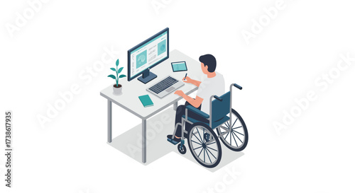 Inclusive workspace with man in wheelchair using computer and devices