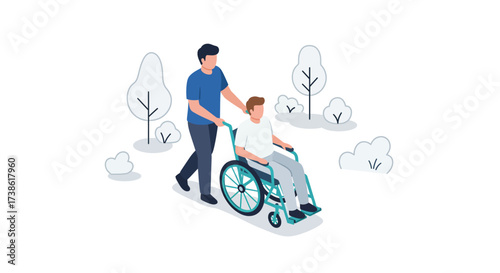 Inclusive walk in park: person assisting another in wheelchair