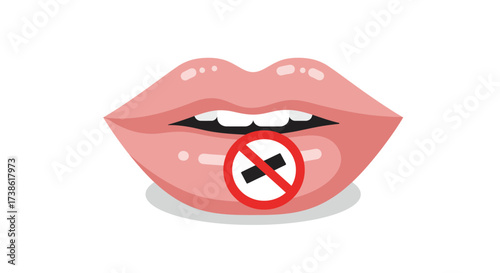 Glossy lips with prohibit symbol and bold red no sign in flat style