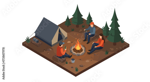 Isometric camping scene with tent and campfire in forest setting