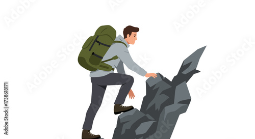 Hiker climbing rocky terrain with backpack in minimalist style