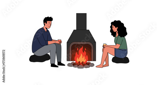 Cozy gathering by the fireplace with two people enjoying drinks in a warm ind…