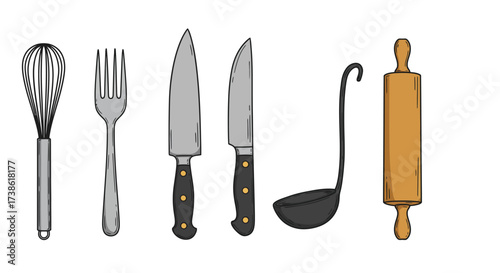 Collection of kitchen utensils in hand-drawn style: whisk, fork, knives, ladl…