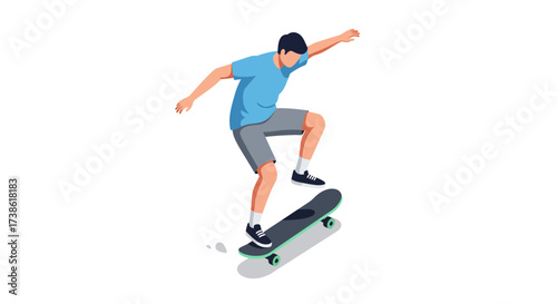 Dynamic skater performing an ollie in minimalist isometric design on white ba…