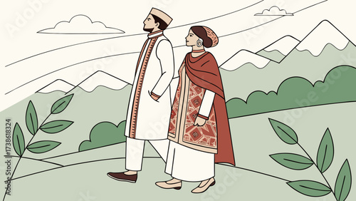 A couple dressed in traditional kashmiri attire are walking through a valley with mountains in the background, looking up at the sky vector illustration