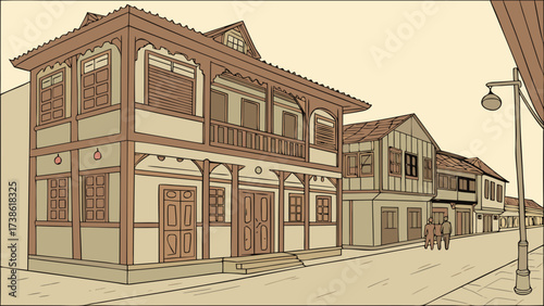 A captivating illustration of a historic street scene featuring traditional buildings with intricate architectural details, evoking a sense of nostalgia and charm