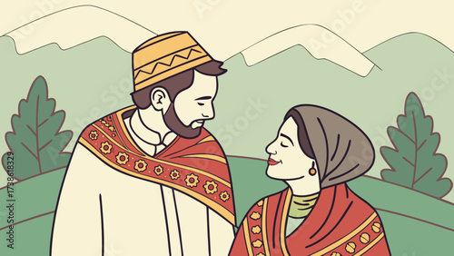 A kashmiri couple in traditional dress are looking at each other with love and affection, with mountains in the background vector illustration