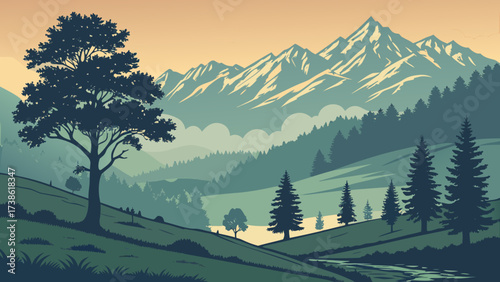 Scenic mountain landscape with lush green hills, a winding river, and a solitary tree under a warm sky, creating a serene and picturesque vista