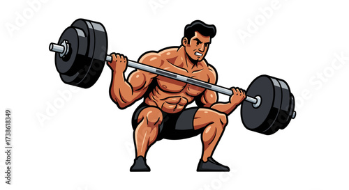 Muscular man performing barbell squat in cartoon art style