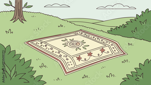 Charming illustration of a patterned rug placed on a grassy lawn surrounded by trees and bushes, creating a cozy outdoor setting