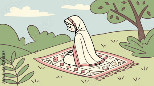A peaceful muslim woman in hijab praying on a carpet outdoors surrounded by nature, capturing a moment of devotion and spiritual reflection