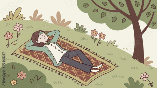 A woman is relaxing on a rug under a tree, enjoying the peacefulness of nature and the beauty of the surrounding flowers and greenery