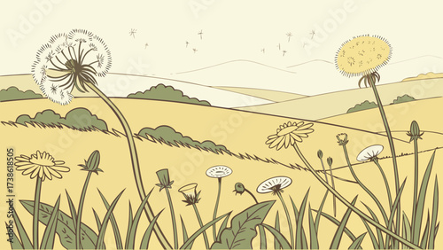A serene landscape illustration featuring dandelions in a field, with rolling hills and mountains in the background, creating a peaceful and natural scene