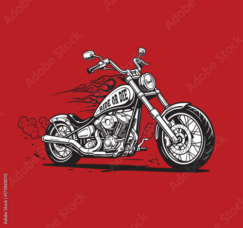 Detailed Classic Cruiser Chopper Motorcycle with Fire, Smoke, and Ride Or Die Quote Vector