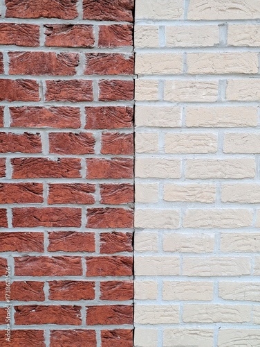 Architectural Contrast Split: Bold vertical division of vibrant red bricks and soft pale cream bricks, symbolizing dichotomy and design juxtaposition.