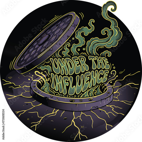 Urban Manhole Cover with Mysterious Green Smoke and Underground Influence Grunge Vector