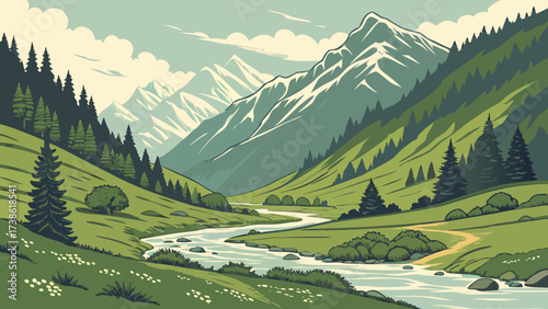 Scenic mountain landscape with a flowing river, lush green valleys, and towering peaks, capturing the beauty of nature and wilderness