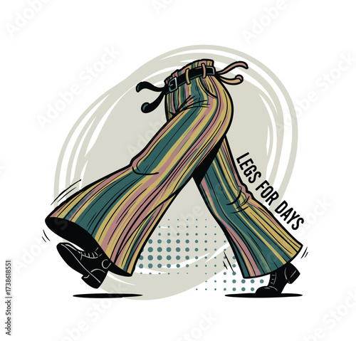 Retro Striped Bell Bottom Pants Walking Character with Vintage Seventies Style Vector