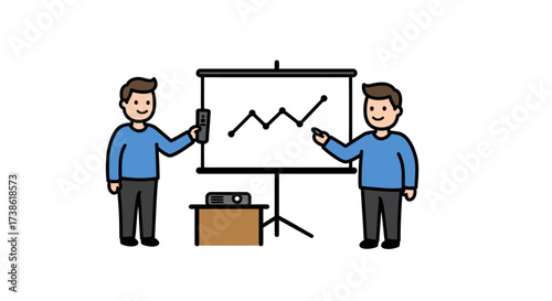 Business presentation with cartoon characters explaining graph on screen