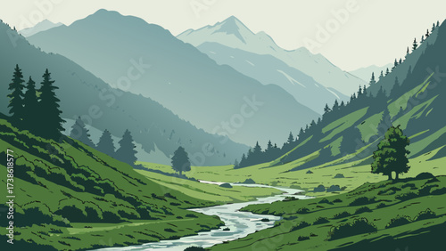 Scenic mountain valley landscape with a winding river flowing through lush green meadows, framed by towering peaks and dense forests in the background