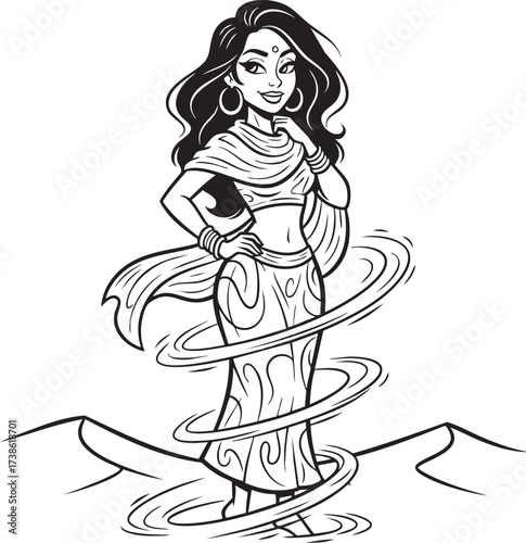 Beautiful Arabian Princess or Magical Genie Character in Desert Sand Storm Vector Illustration