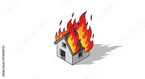 Burning house with flames and smoke on white background