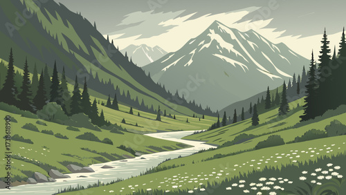 Scenic mountain valley landscape with river, trees, and snowcapped peaks in a serene and peaceful setting, perfect for nature and outdoor themes
