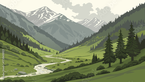 Majestic mountain valley vista with a winding river, lush greenery, and snowcapped peaks, showcasing the beauty and grandeur of natures landscape
