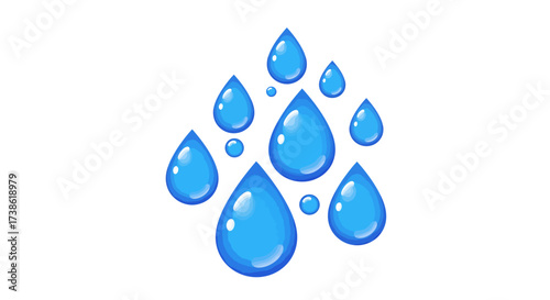 Glossy blue water droplets collection on white background