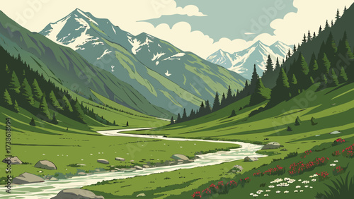 A scenic mountain landscape with a winding river flowing through a lush green valley, with snowcapped peaks in the distance and a cloudy sky above