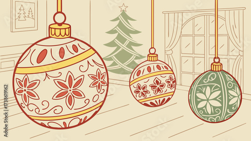 Festive christmas ornaments hanging in a cozy room with a decorated tree, creating a warm and inviting holiday atmosphere with traditional decorations