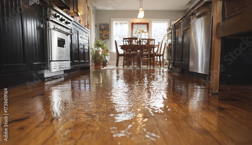 Kitchen flooded with water damage creating urgent need for professional restoration services