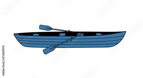 Simple blue rowboat with oars on white background