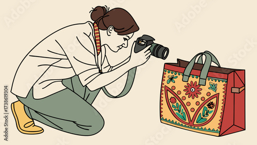A photographer is taking a picture of a bag with a camera, capturing its details and design in a creative and artistic way for her portfolio