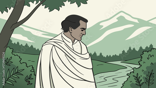 A man in traditional clothing stands by a river with mountains in the background, creating a sense of peace and connection to nature
