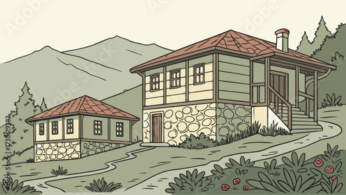 A picturesque illustration captures two houses nestled in a serene landscape, evoking a sense of tranquility and rustic charm in a natural setting