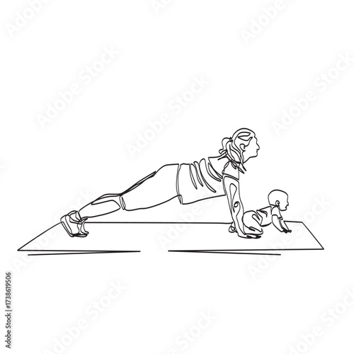 Continuous vector line art A young mother doing plank exercises with her baby crawling on the carpet.