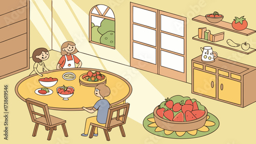 A delightful scene unfolds as three friends gather around a table laden with fresh strawberries, sharing laughter and conversation in a cozy kitchen setting