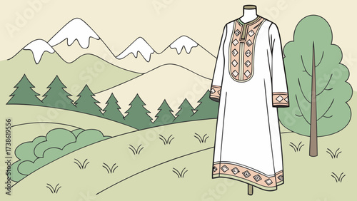 Elegant white dress with traditional embroidery on a mannequin in a picturesque landscape with mountains and trees, showcasing cultural fashion