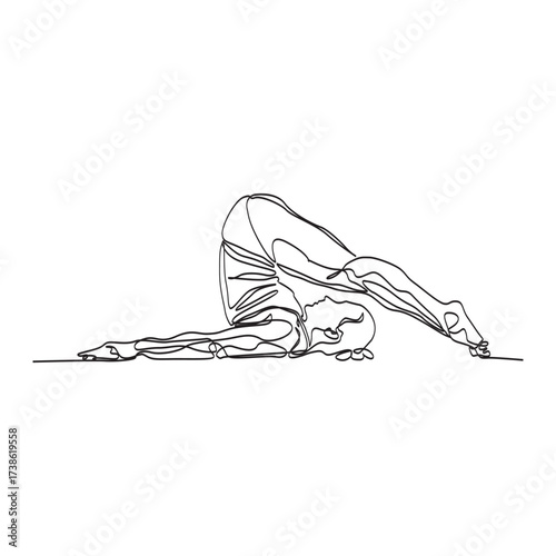 Continuous vector line art of fitness woman with Plow Pose stretch, Lying on her back on the floor