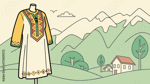 Stylish dress with vibrant embroidery on a mannequin in a scenic mountain landscape with houses, combining modern fashion with nature