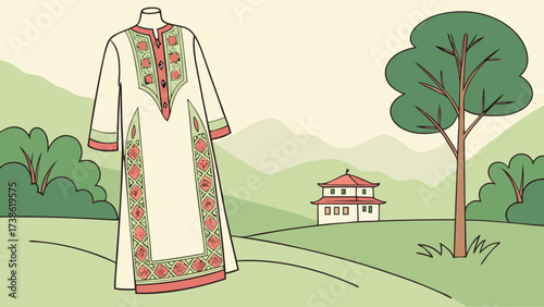 Exquisite embroidered dress on a mannequin set against a serene landscape with a traditional house, blending fashion with cultural heritage