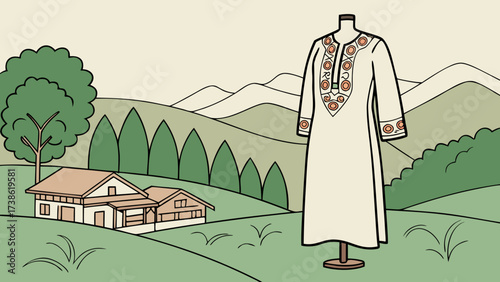A beautiful illustration of a traditional kashmiri dress on a mannequin in front of a scenic landscape with mountains and a house in the background