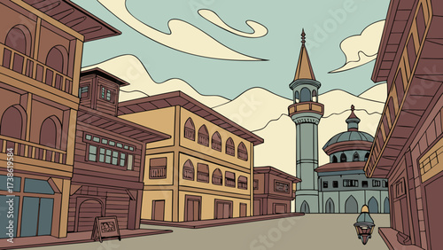A captivating illustration of a traditional ottoman town square with historic buildings, a mosque, and a minaret under a cloudy sky, showcasing architectural heritage
