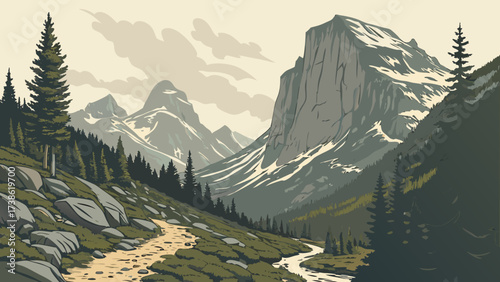 A scenic mountain landscape featuring towering peaks, a winding river, lush forests, and a rocky path, showcasing the grandeur of natures beauty