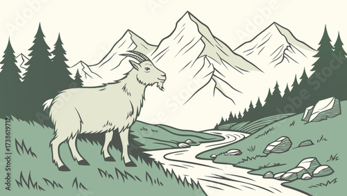 A majestic mountain goat stands proudly amidst a serene landscape of towering peaks, lush forests, and a winding river, capturing the essence of natures beauty
