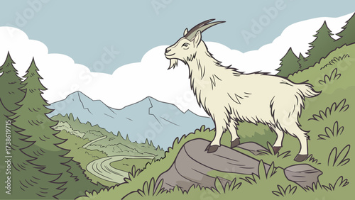A mountain goat perched atop a rock surveys a breathtaking vista of rolling hills, verdant forests, and distant peaks, embodying the spirit of exploration