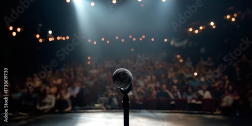 Spotlight shines on a microphone on stage anticipation builds for a captivating performance before a live audience
