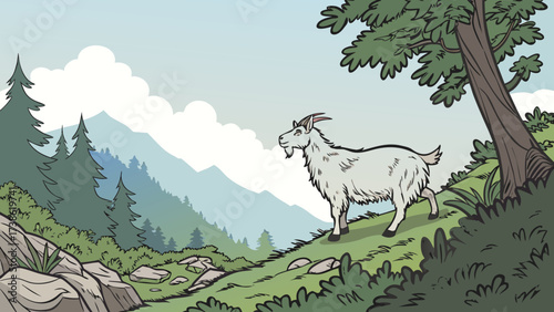 A solitary mountain goat grazes on a grassy hillside, with a backdrop of majestic mountains and lush forests, capturing the tranquility of the alpine environment