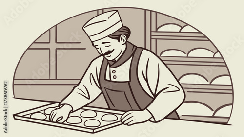 Vintage baker preparing bread on a tray, showcasing his culinary skills and dedication to the craft in a classic, timeless illustration style